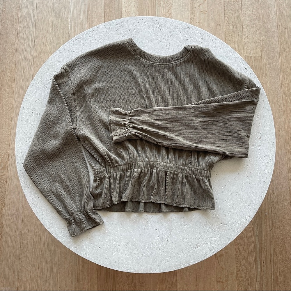 Zara Long Sleeve Top Cinched Detail Peplum Khaki Women’s Size S